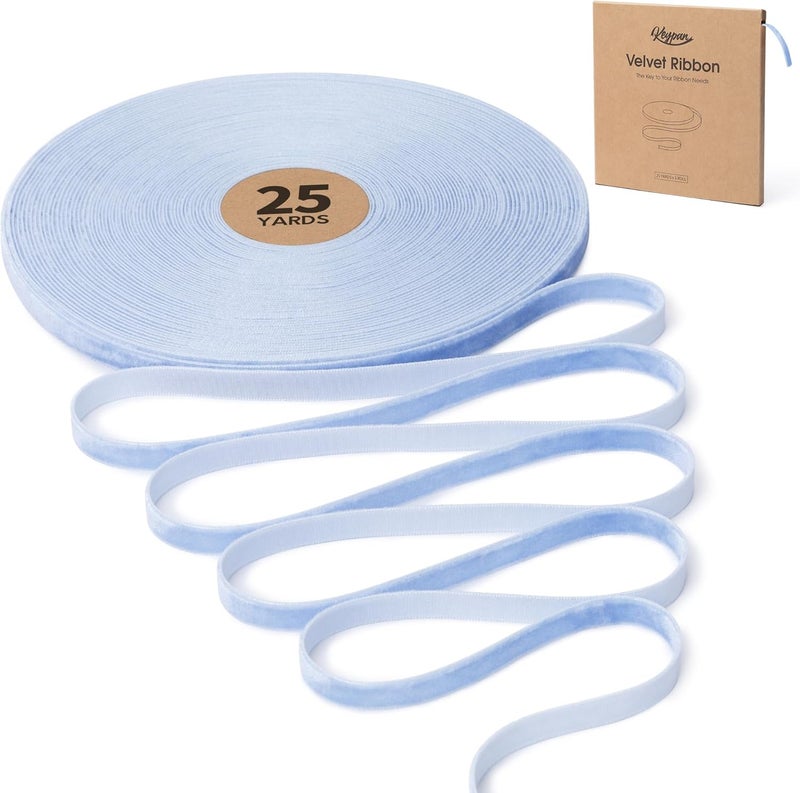 Keypan Blue Velvet Ribbon 3/8 Inch Handmade Vintage Thin Ribbons for Wrapping Gift Wreath Decoration Ornaments Bow Making Christmas Tree Home Decor, 25 Yd - Image 1